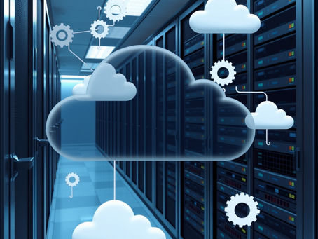 Cloud data center with rows of servers and floating gear and cloud icons, symbolizing the infrastructure and detailed attention needed for successful SMB cloud migration