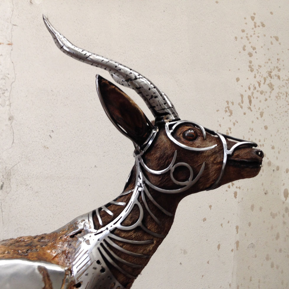 Prothéses 2 , 2018 Taxidermie , tete de biche, chanvre, map, métal; patine: goudron, huile de lin, résine. h: 103 cm; l: 50 cm; L: 130 cm.