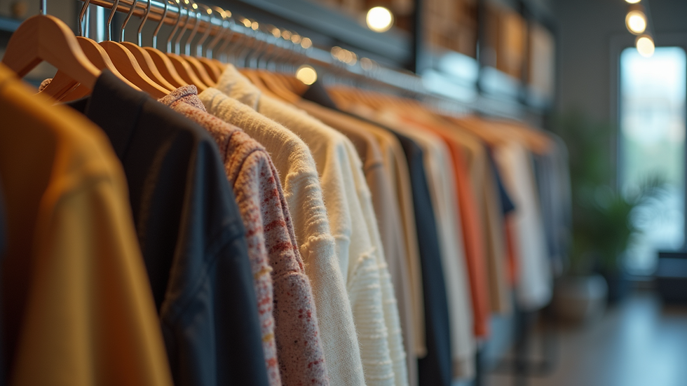 Eye-level view of clothing rack with trendy casual outfits