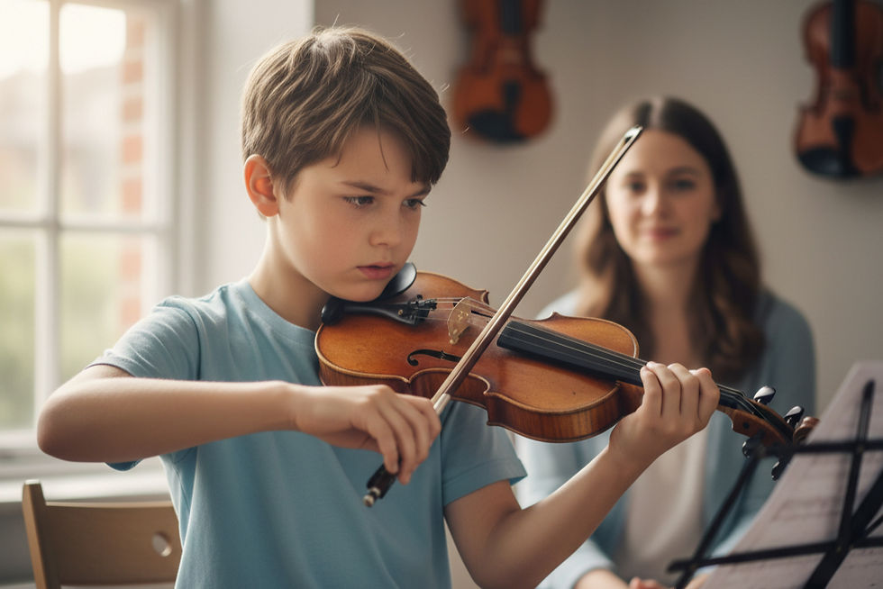 A young boy playing the violin with his mom sitting behind him watching.