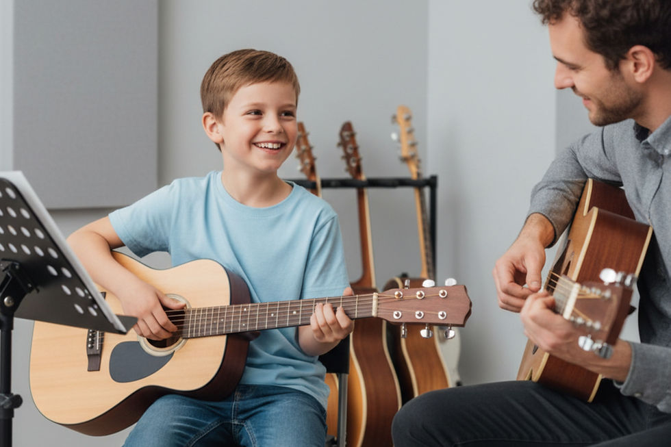 A boy holding a guitar and smiles as he watches his teacher demonstrate on his guitar