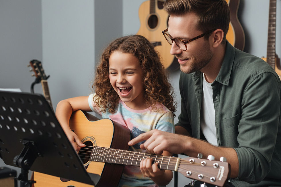 A young girl learning the guitar with her instructor sitting next to her.