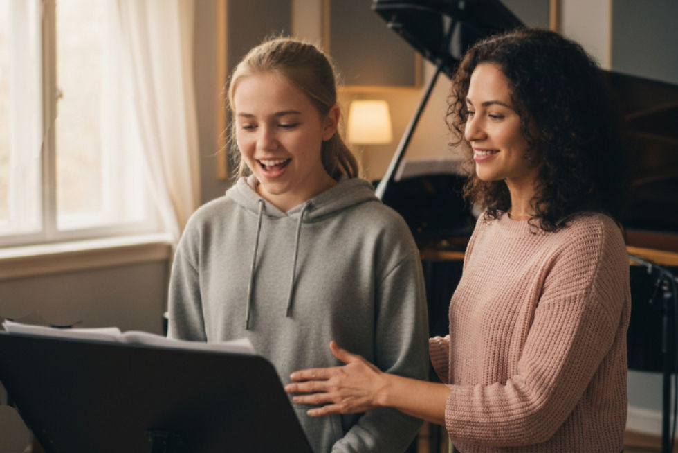A teenage girl singing while her teacher guides her with breathing.