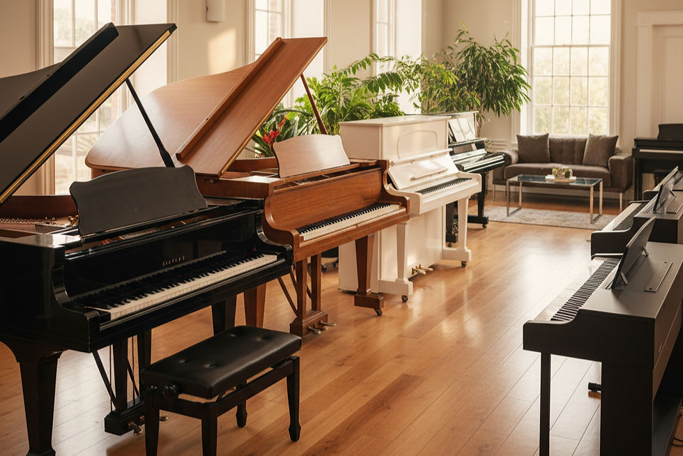 Different kinds of piano at a gallery.