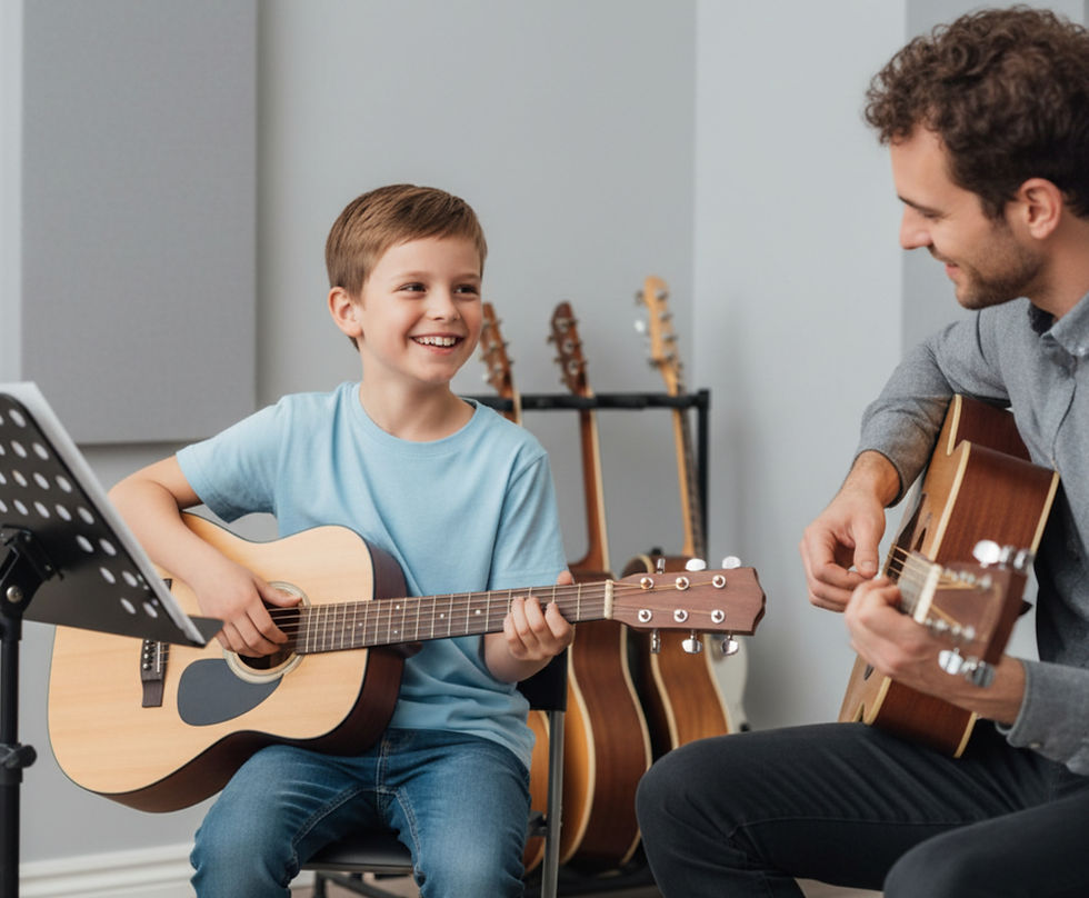 A boy holding a guitar and smiles as he watches his teacher demonstrate on his guitar