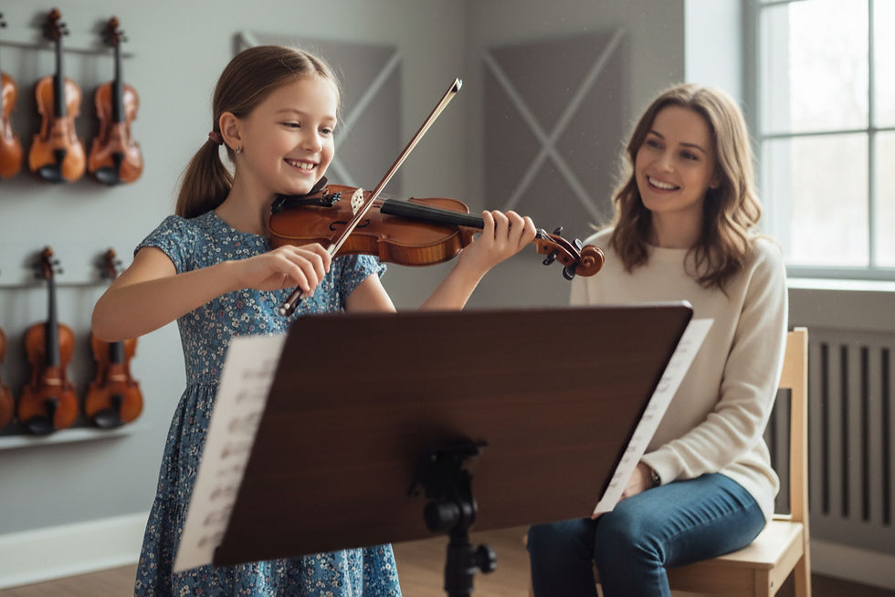 A young girl playing a violin while looking at the sheet music.