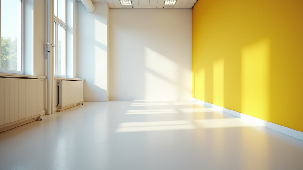 Eye-level view of a freshly painted modern office interior with bright walls