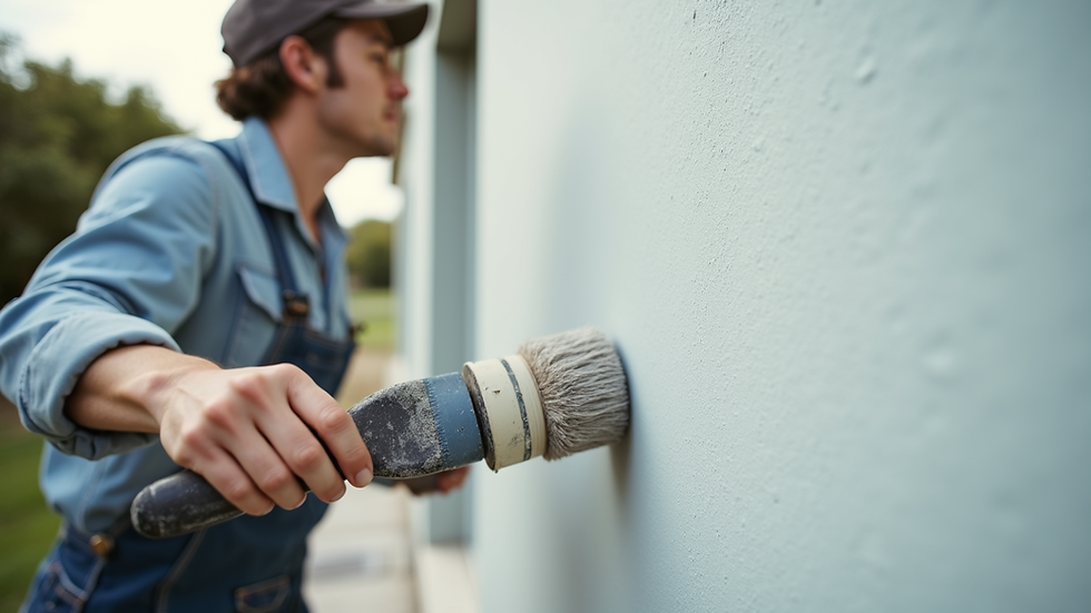 Eye-level view of a painter applying primer on an exterior wall