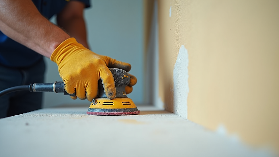 Eye-level view of a painter preparing a wall surface with sanding tools