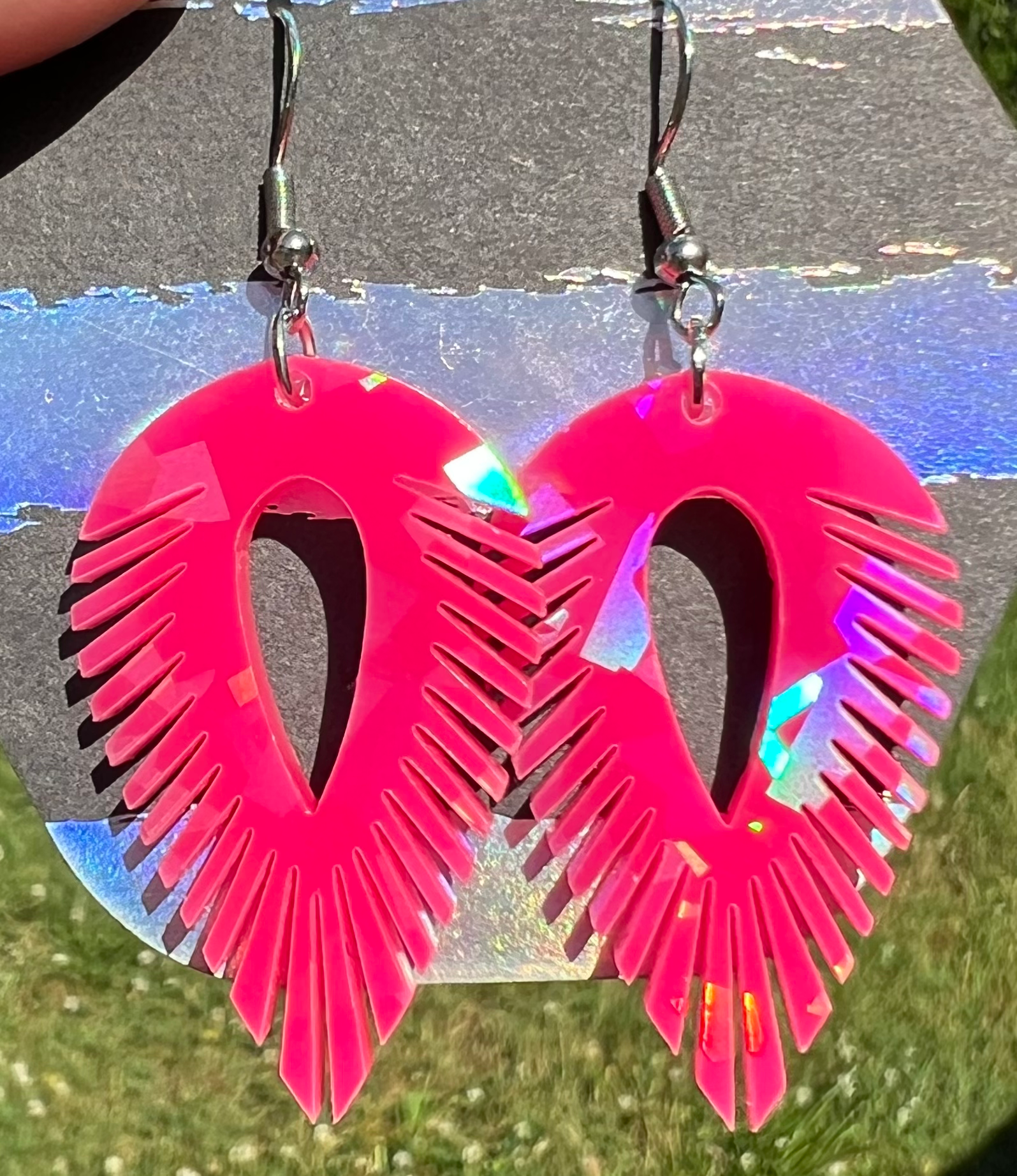 Hot pink iridescent feather earrings 