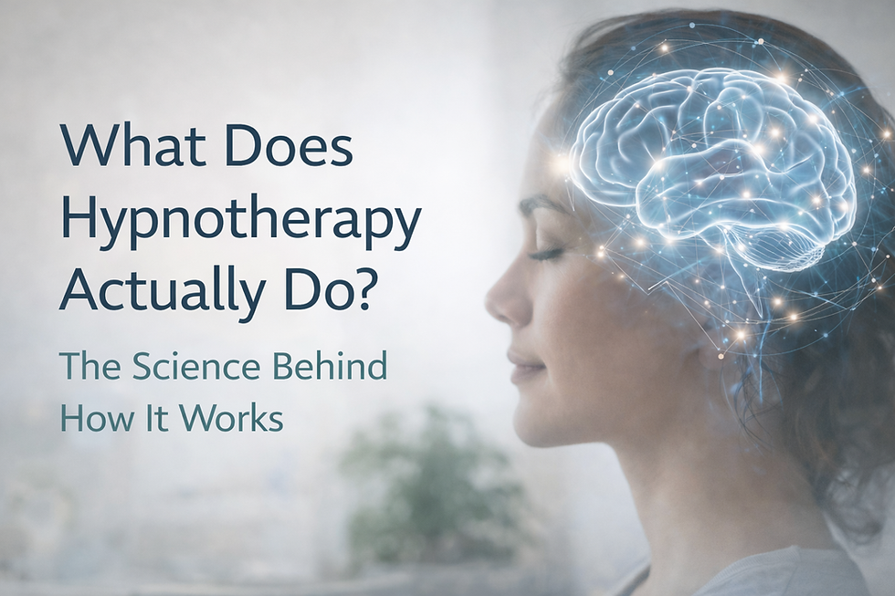Hypnotherapy explanation showing a calm woman with a glowing brain illustration, representing how hypnosis works in the mind to support anxiety, stress and behavioural change