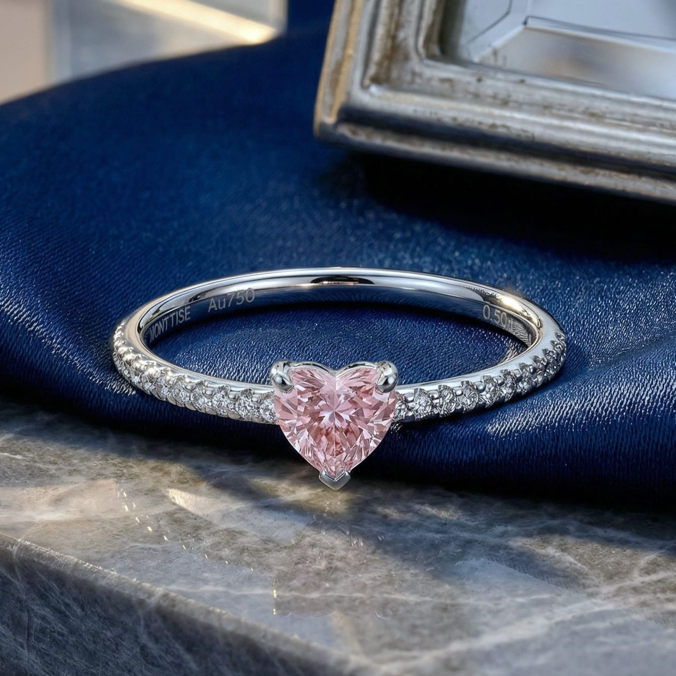 Heart Shaped Pink Diamond Engagement Ring with Pavé Band | 18K White Gold