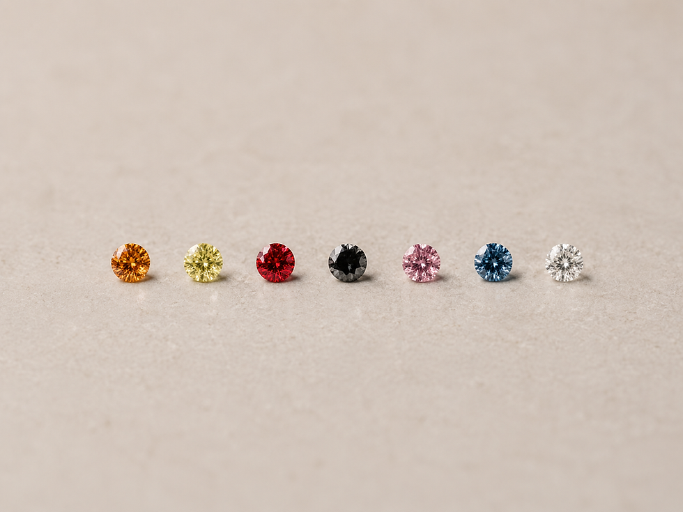 Die sieben Farben der LONITÉ-Erinnerungsdiamanten: Naturally Amber, Greenish Yellow, Red, Black, Pink, Blue und Purely Colorless.