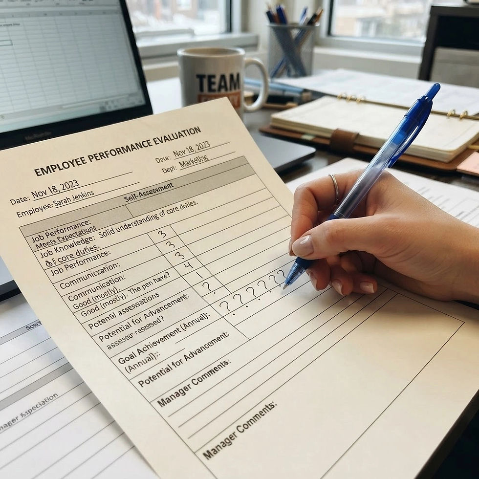A hand completing a performance review form writing question marks instead of ratings in some sections.