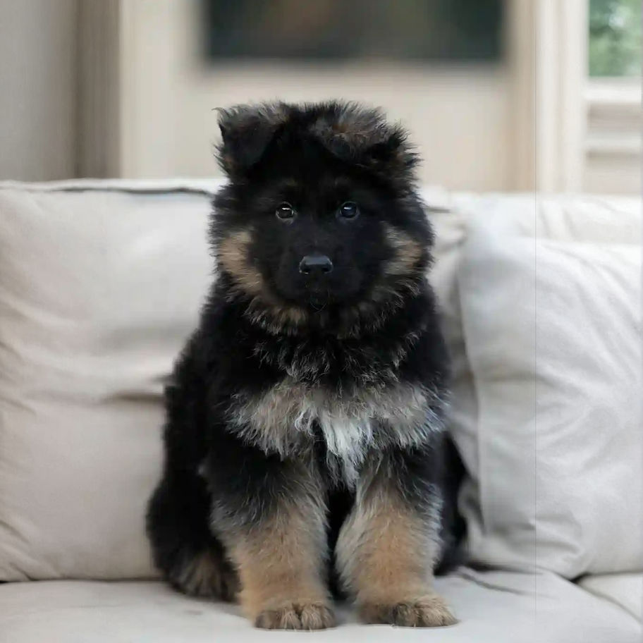 A black and tan German Shepherd puppy comfortably seated on a couch
