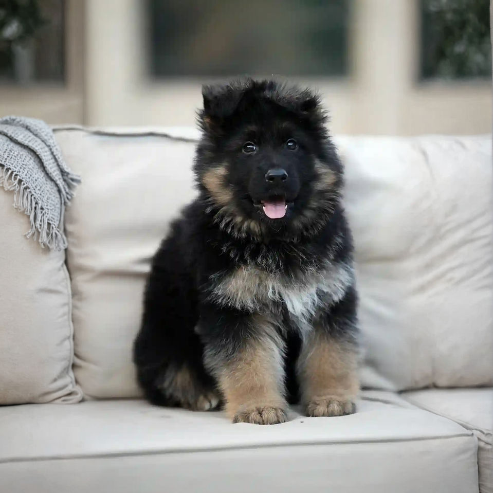 A black and tan German Shepherd puppy comfortably seated on a couch