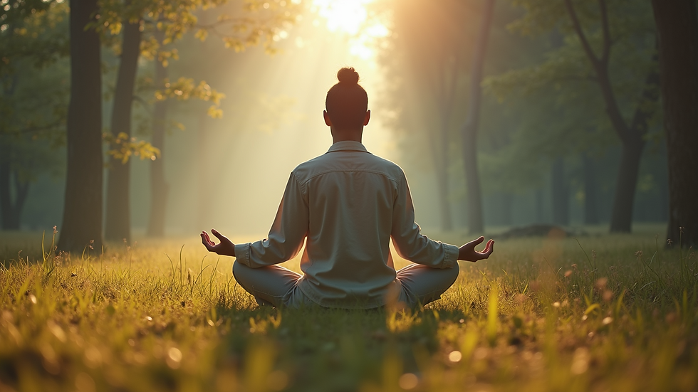 Eye-level view of a person meditating in a serene environment