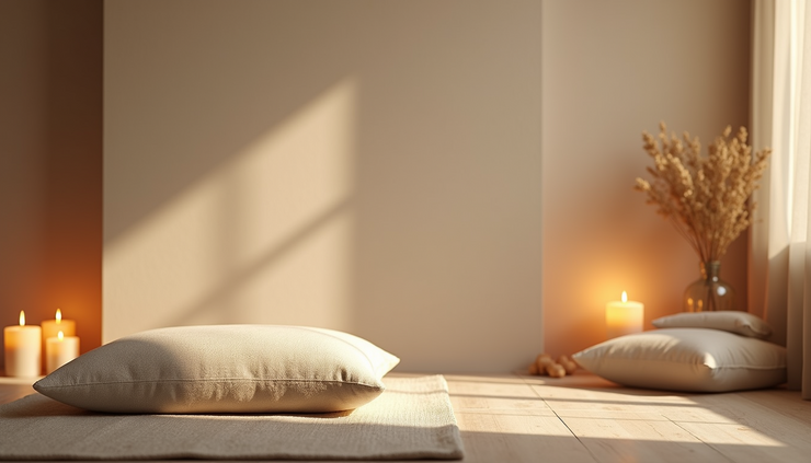 High angle view of a serene healing space with candles and soft cushions