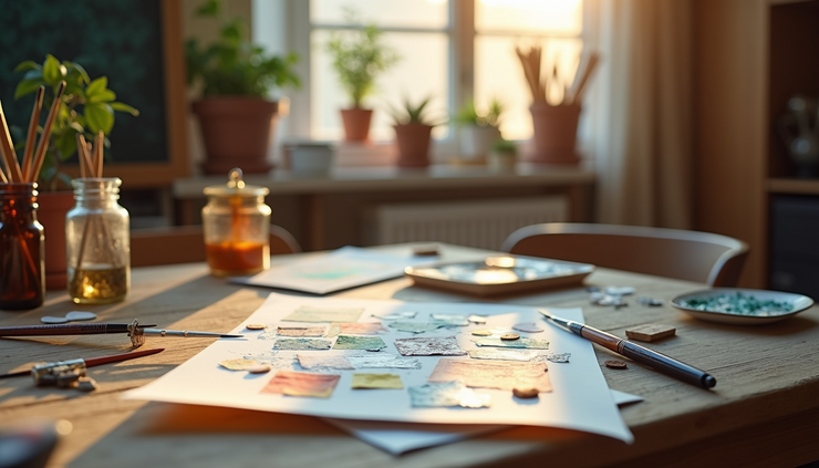 Eye-level view of a cozy art space with paints and collage materials arranged on a wooden table