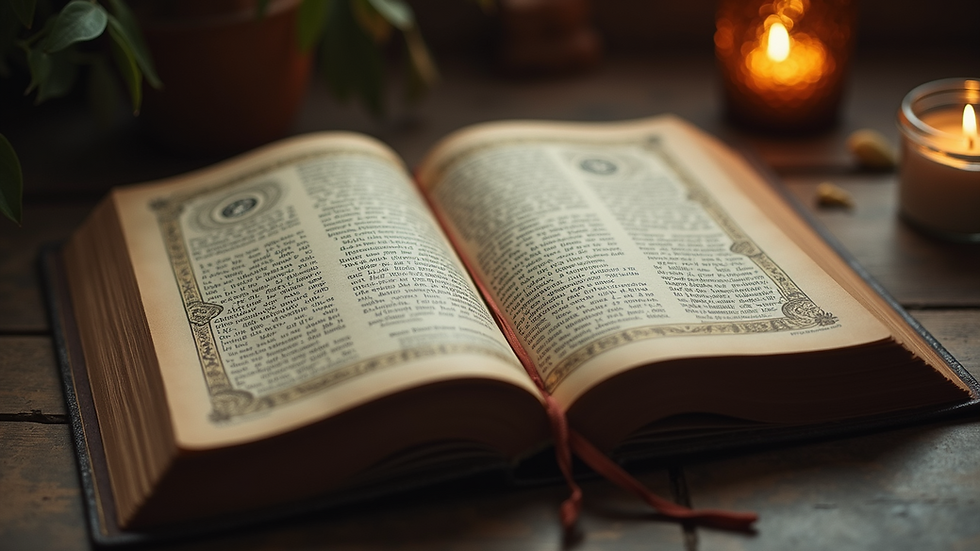 High angle view of an open book featuring mystical symbols