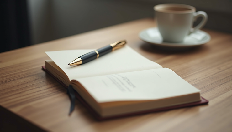 High angle view of a journal and pen on a wooden table