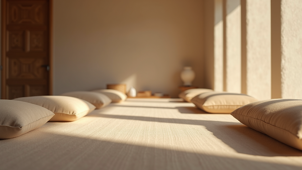 Eye-level view of a serene meditation space with cushions and soft lighting