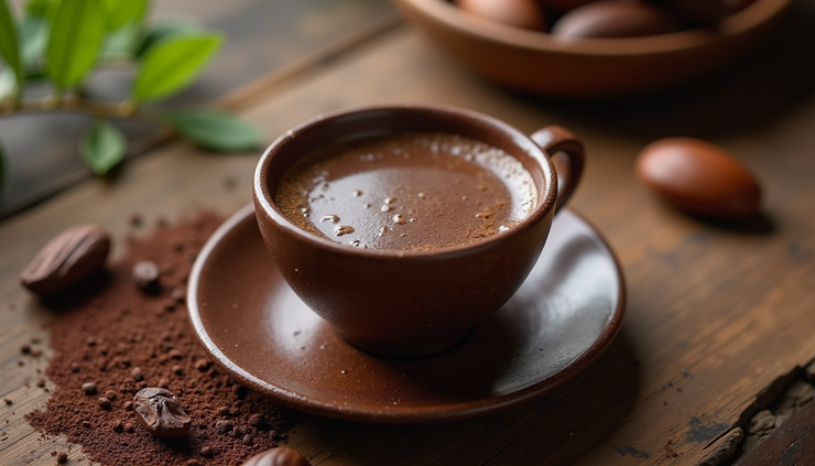 Eye-level view of a warm cup of ceremonial cacao on a wooden table surrounded by natural elements