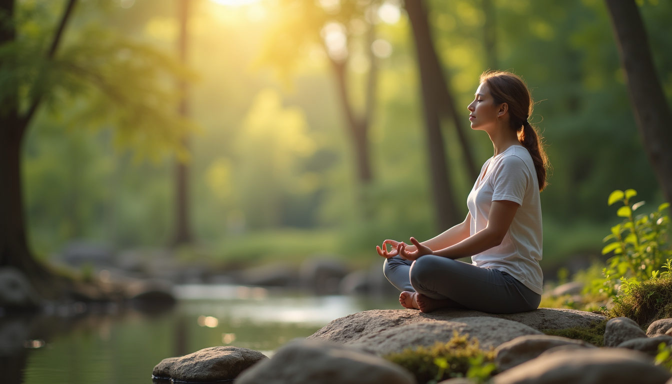 a woman meditating by water in the woods