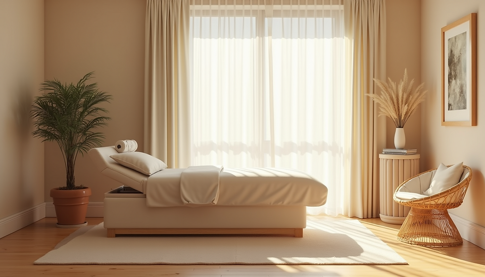 Eye-level view of a calm room set up for Access Bars session with soft lighting and comfortable seating