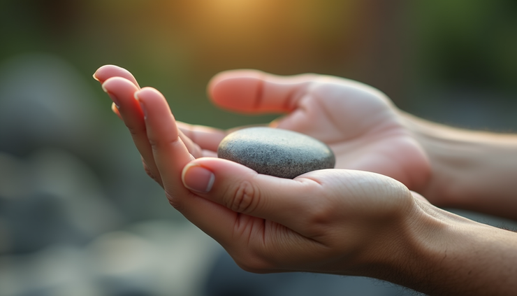 Close-up view of a person holding a smooth stone during a calming mindfulness exercise
