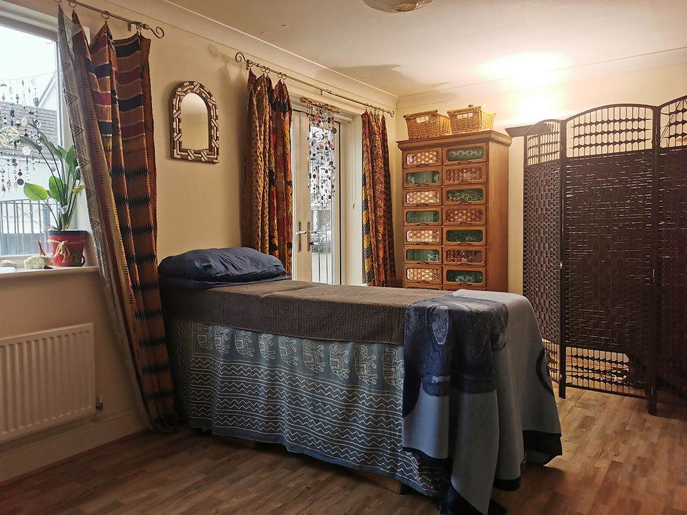 Close-up view of a serene therapy room with calming decor