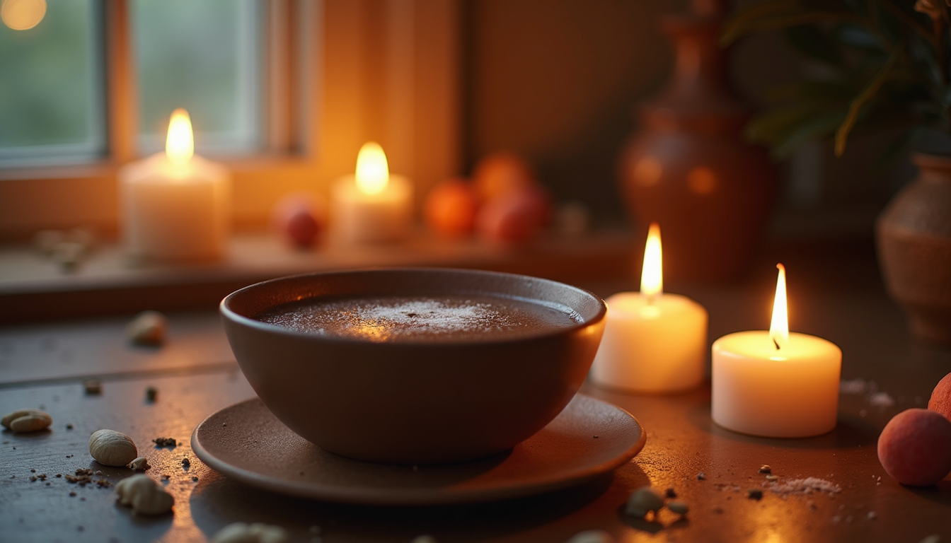 a cup of cacao on a table with lit candles