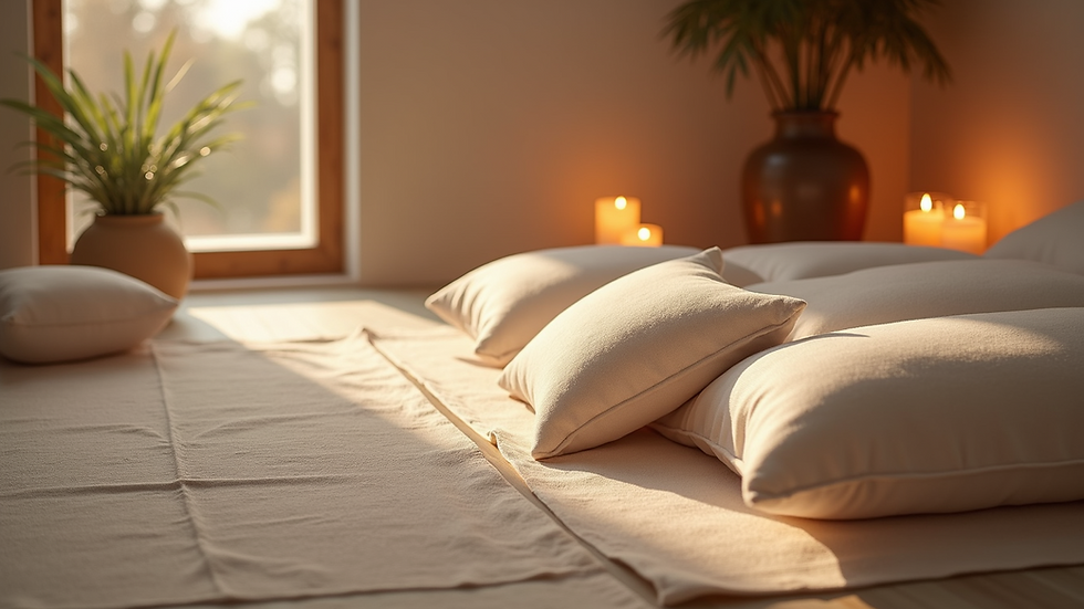 High angle view of a tranquil meditation space with soft pillows and candles