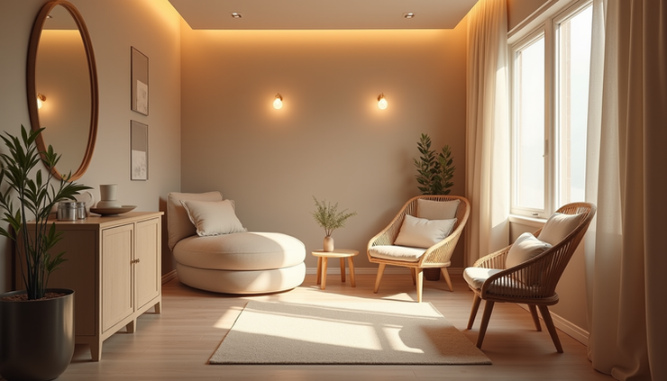 High angle view of a peaceful therapy room with soft lighting and comfortable seating
