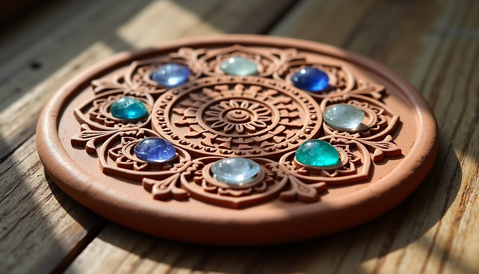 Handcrafted clay coaster with embedded crystals and mandala design