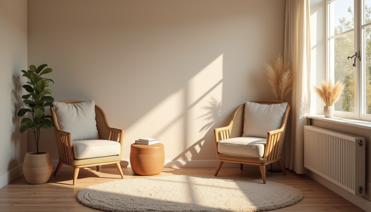 Eye-level view of a calm therapy room with soft lighting and comfortable seating