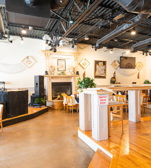 seating area at the lower level by the fire place