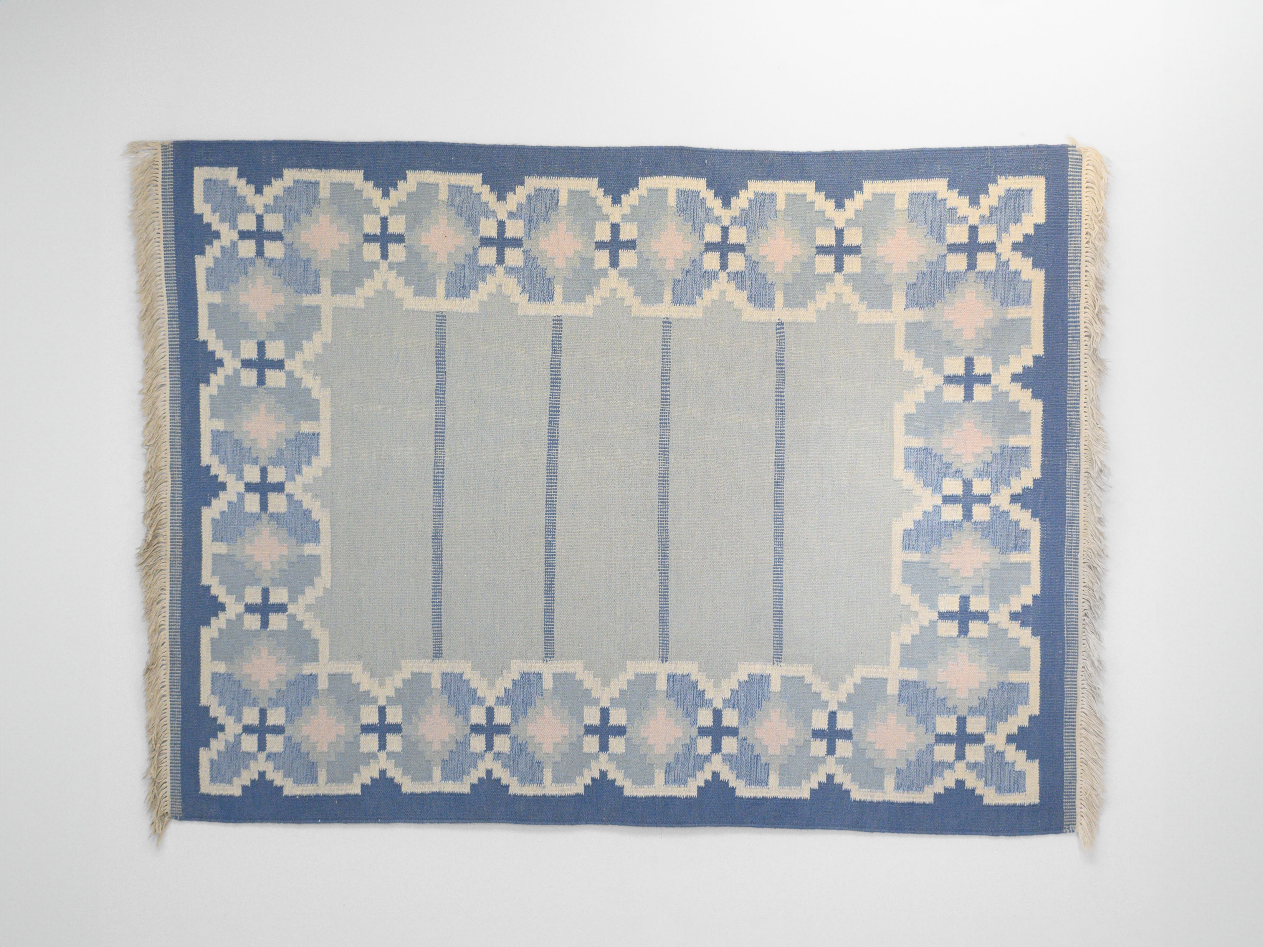 Large Swedish Mid-Century Kilim in Tones of Blue and Cream