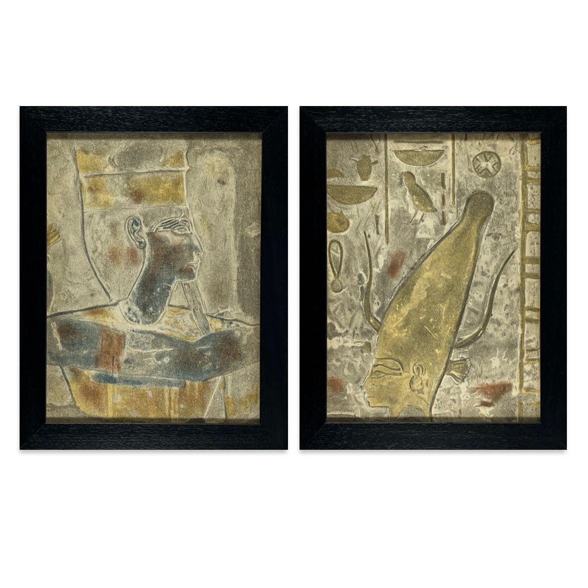 Ancient Egyptian Art: Pharaoh Ramesses II & Goddess Satis - Rare Lithograph Pair in uniform black gallery frames