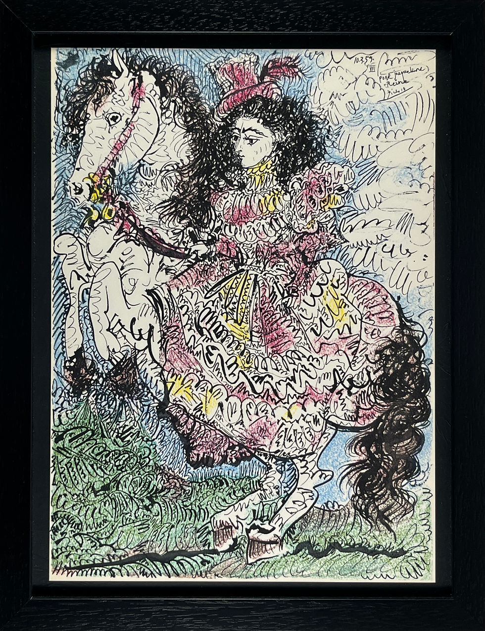 Pablo Picasso, Jacqueline on Horseback, rare heliogravure print of 1961, black gallery frame with black mount