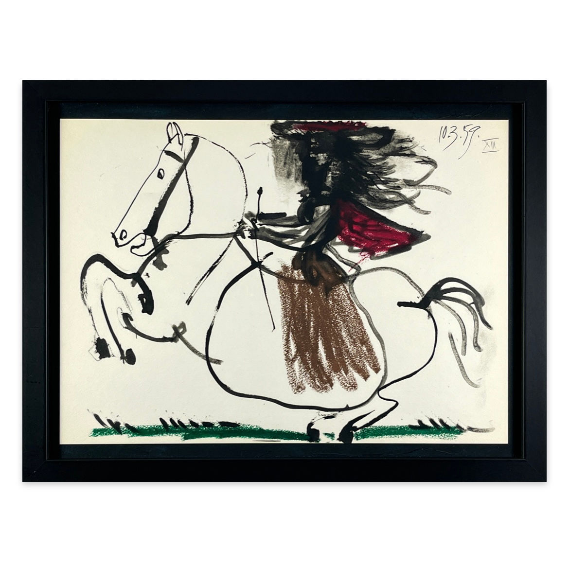 Pablo Picasso, Jacqueline sur un Cheval Blanc XIII, rare heliogravure print of 1961, contemporary black wooden frame