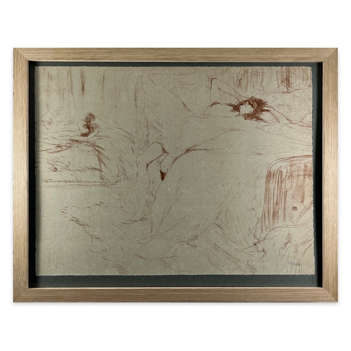 Lithograph of Toulouse-Lautrec's Lassitude, contemporary wooden frame, image over white background