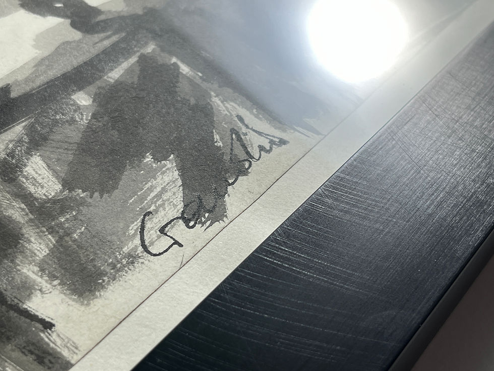 Thumbnail: detail view, Auguste-Jean Gaudin's ink wash, framed and glazed