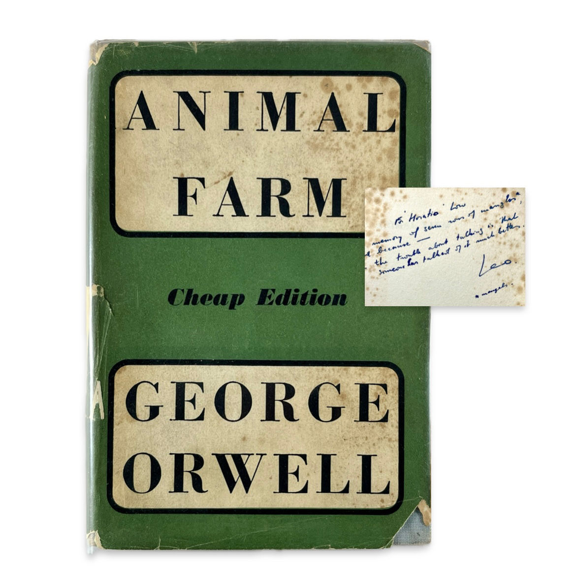 George Orwell's Animal Farm signed and inscribed by Orwell, green dust jacket, cropped over white and showing signature
