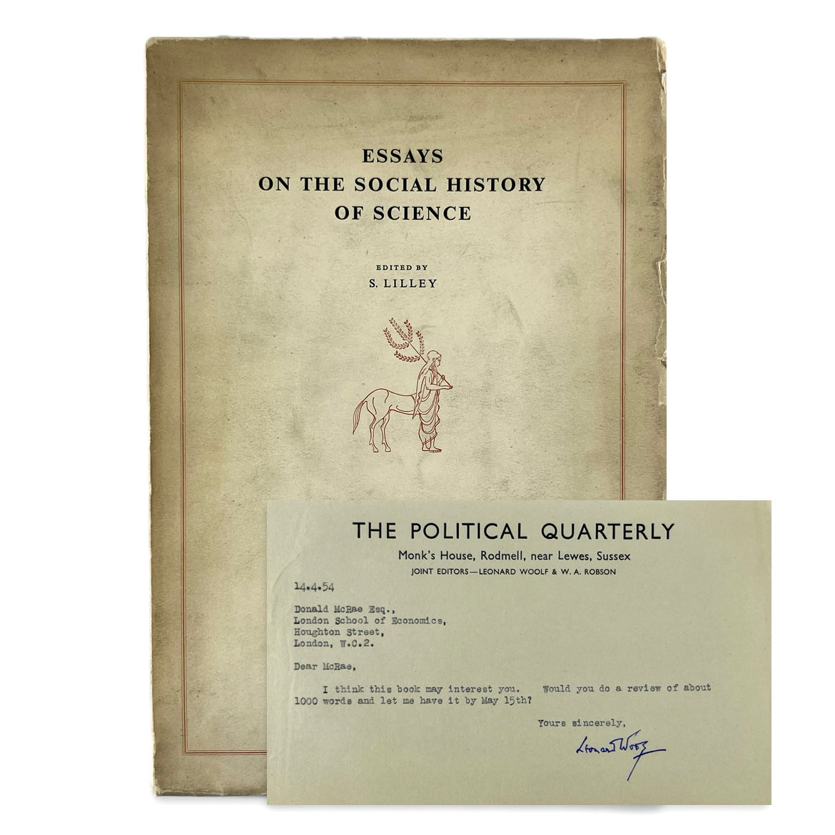 frontal view of the book over white background with overlay of Leonard Woolf's signature invitation