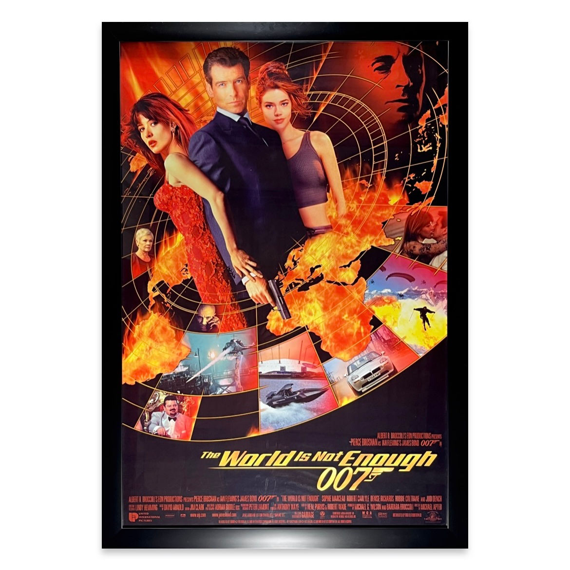 Original James Bond theatrical poster framed, frontal view, cropped to white background