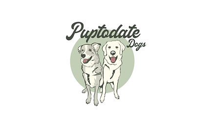 Two dogs on a green circle background surrounded by the text "Pup To Date Dog Training", YYJ Dog Walks industry partner