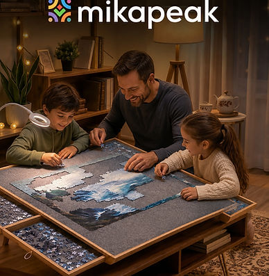 Dad and his two children working on a puzzle Board