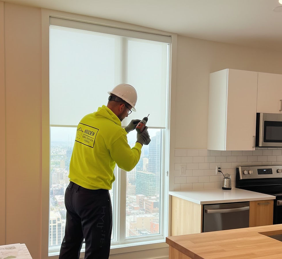 High angle view of installation crew fitting commercial cellular shades in apartment windows