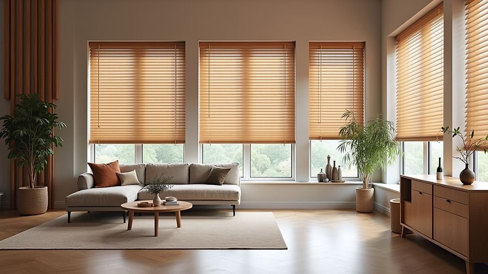 Eye-level view of a showroom displaying various faux wood blinds in different colors and styles